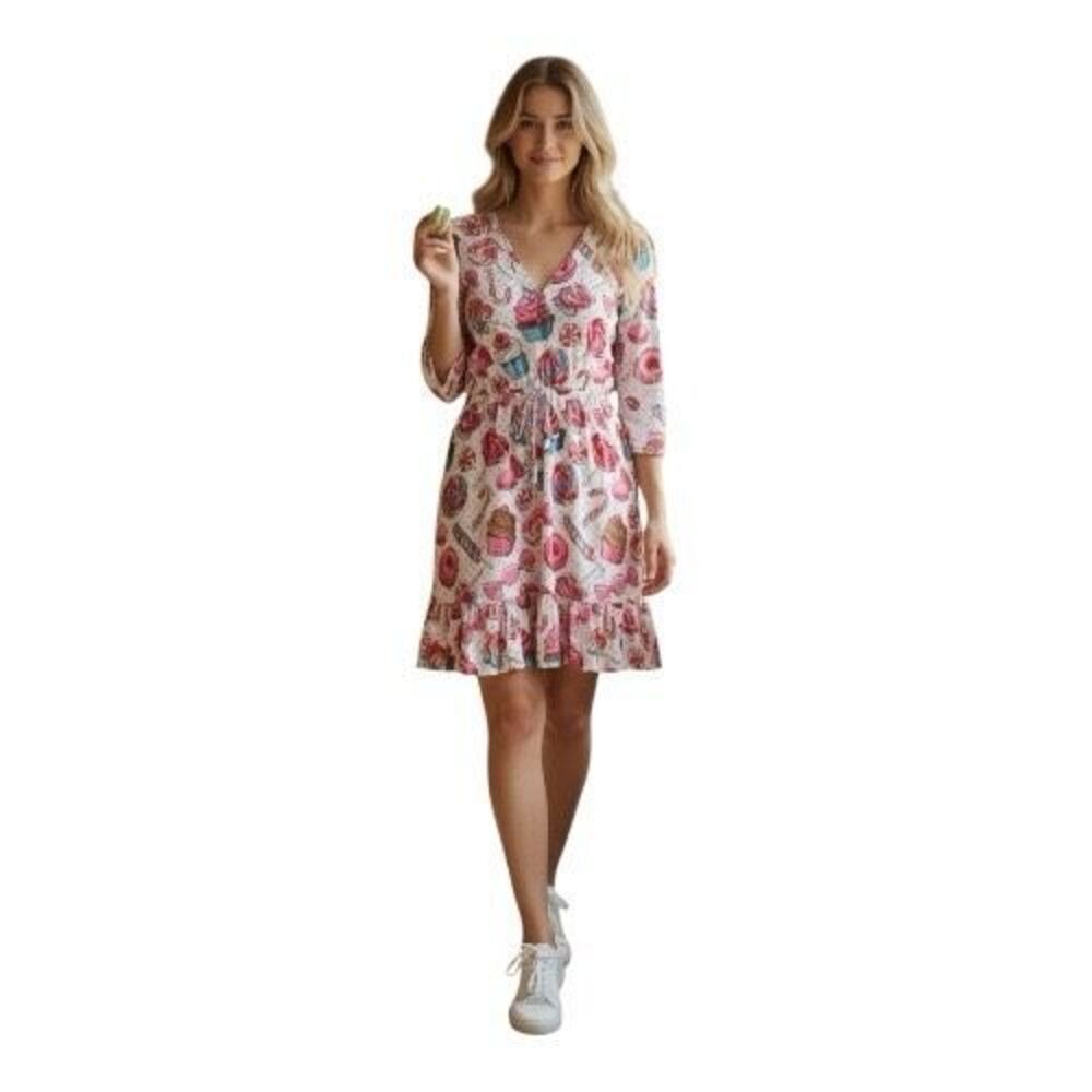 ModCloth Size L Candy Print Ruffle Mini Dress Pink Cutesy Desert Valentine Twee